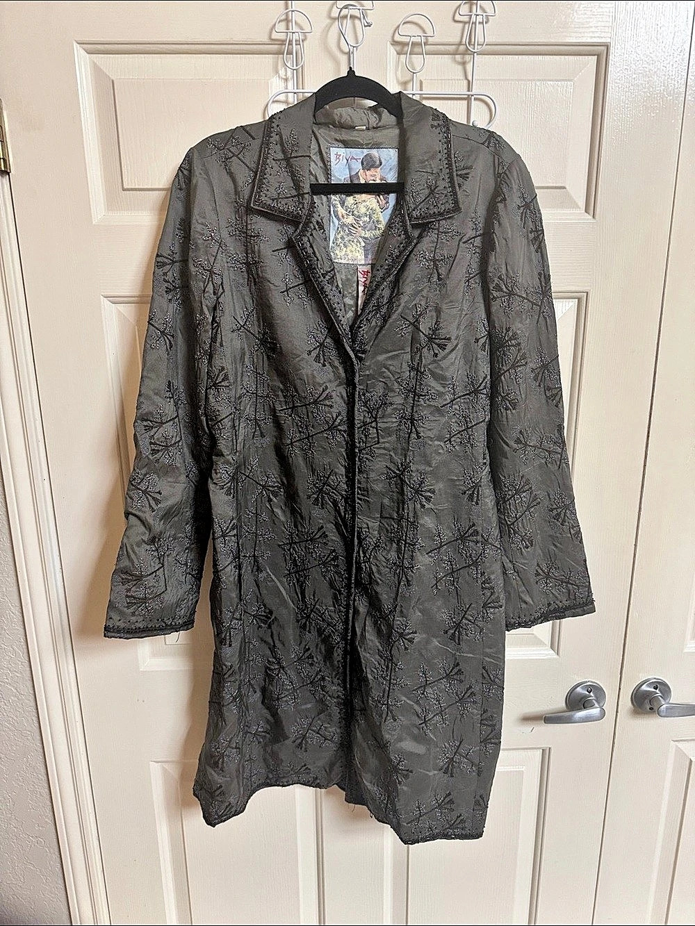 BIYA Johnny Was Embroidered Silk Blend Floral Coat Gray XL boho Gypsy